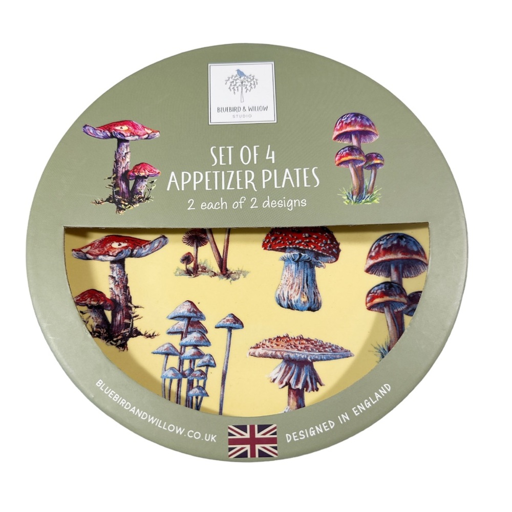 NEW Bluebird & Willow MUSHROOM APPETIZER PLATES Boxed Set/4 🍄🍄🍄